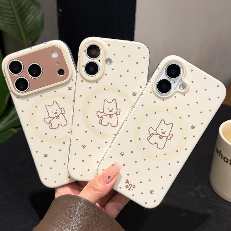 Ins Brown Circular Dots Line Puppy Dog IMD Phone Case For iPhone 17 Pro Max 16 15 14 13 Cute Back Cover For Magsafe Cases