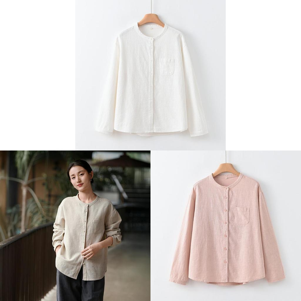 Casual Linen Shirt For Women With Mandarin Collar And Pockets Spring 2026