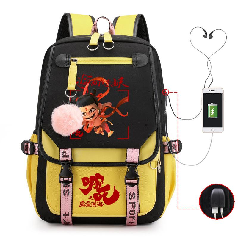 Cartoon Movie Nezha Printing Leisure Burden Reduction Travel Bag Backpack Multi-Function Large Capacity Usb Student Schoolbag