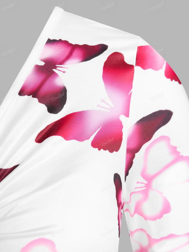 Rosegal  Plus Size Ombre Butterfly Print U Ring Buckle Cinched A Line Skirted Short Sleeves T-shirt