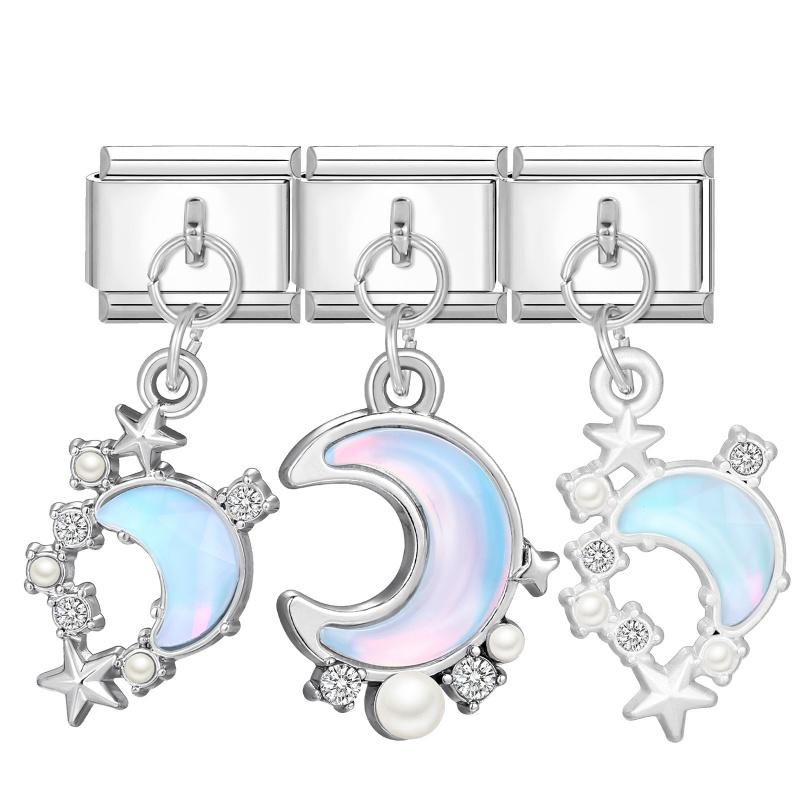 Y2K 3PCS Colorful Crystal Zircon Pendant Moon Star Bow Italian Charm Links Stainless Steel Fit 9mm Bracelet Jewelry DIY Making