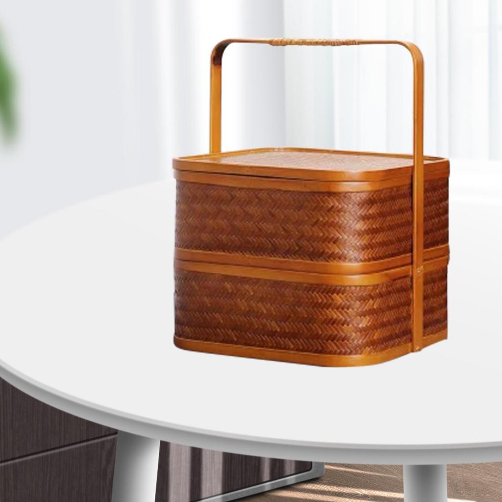 Antique Bamboo Lunch Box Square Double-layer Design Storage Pastries Camping