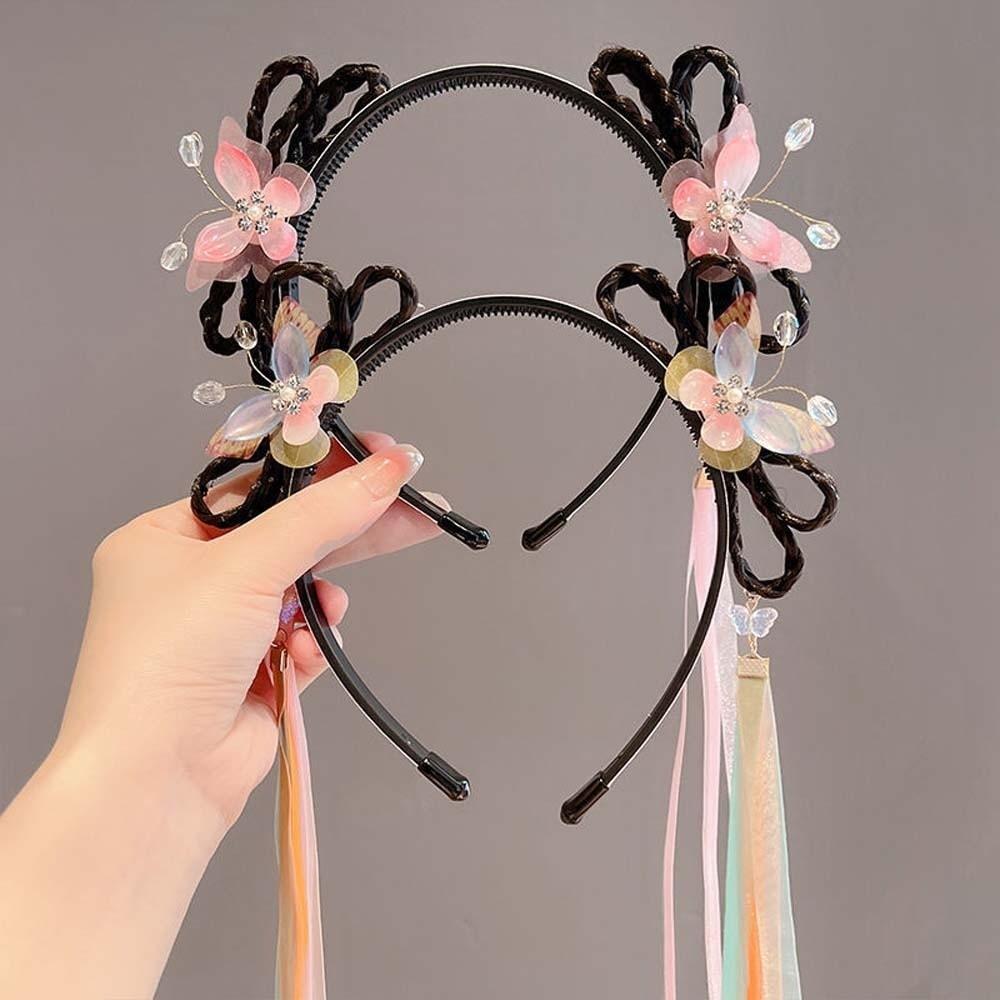 Chinese Style Butterfly Ribbon Headband Exquisite Embroidery Tassel Girls Hanfu Headwear Beads Bow Hair Bands for Children Gifts