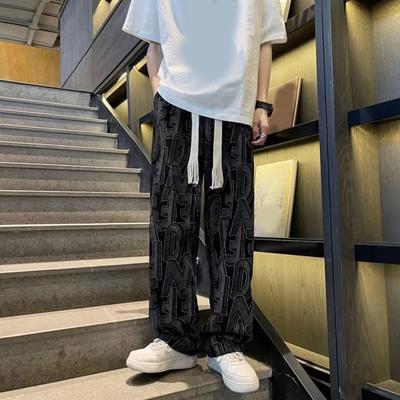 Herren Hose Elastischer Bund Verstellbarer Kordelzug Weites Bein Freizeithose mit Taschen Buchstaben