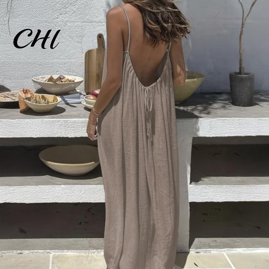 Autumn Jacket Dress Women's Backless Cami Summer Casual Sleeveless Boho Beach Maxi Women Spaghetti Strap Vacation Long Sundress with Back Tie