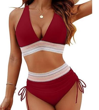 New women's split swimsuit sexy bikini high waist belly hanging neck tight swimsuit
