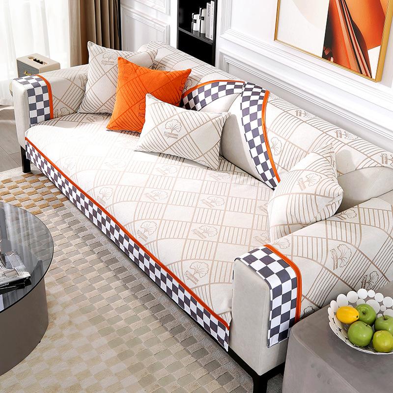 Nordic Luxury Sofa Covers Cushion L Shape Leather Couch Cover Black White Squares Edging Non-slip Back Towel for Living Room