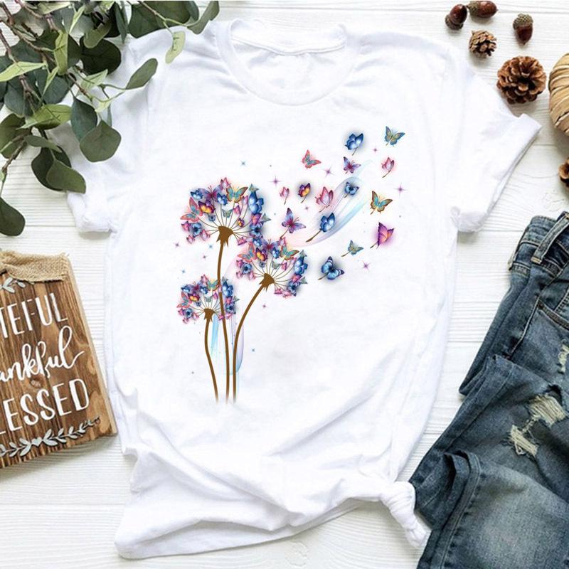 Women's dandelion floral print letter t-shirt - Trendy women's T-shirt with short sleeves Summer polyester fabric