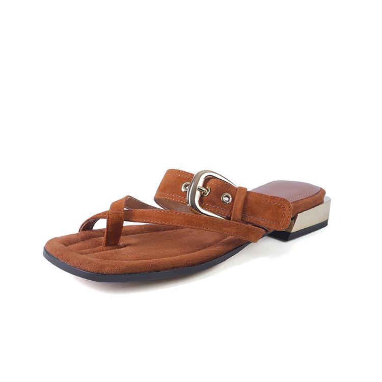 

Fashion NEW Summer Women Slippers Square Toe Low Heel Shoe Split Leather Shoes for Women Cross-tied Belt Buckle Women Sandals Flip flops 34 коричневый