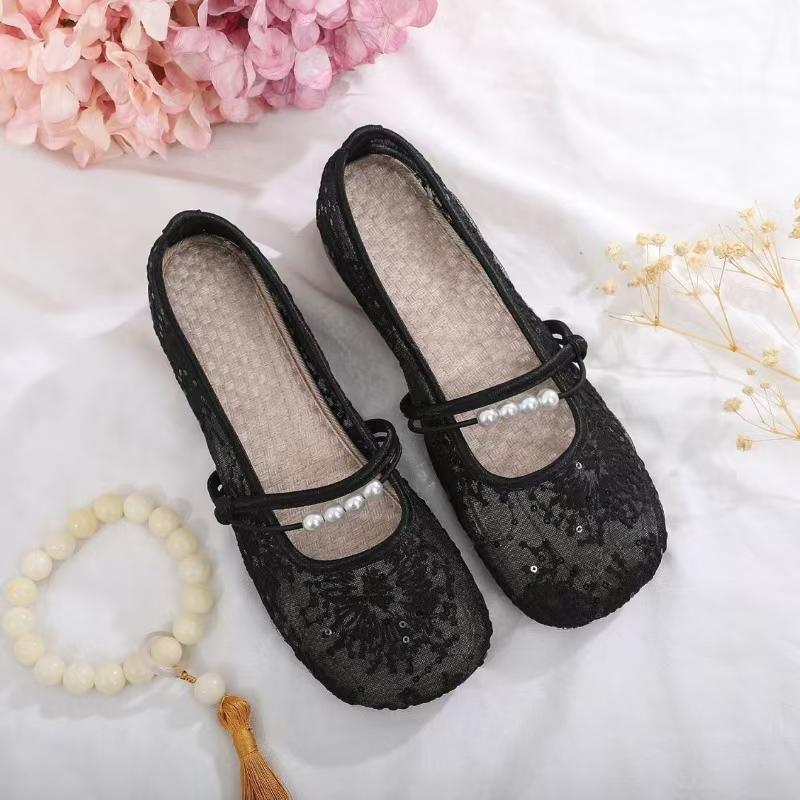 Woman's Summer New Mesh Embroidered Shoes Low Heel Round Toe Shallow Slip On Mary Jane Shoes Soft Sole Non Slip Dress Sandals