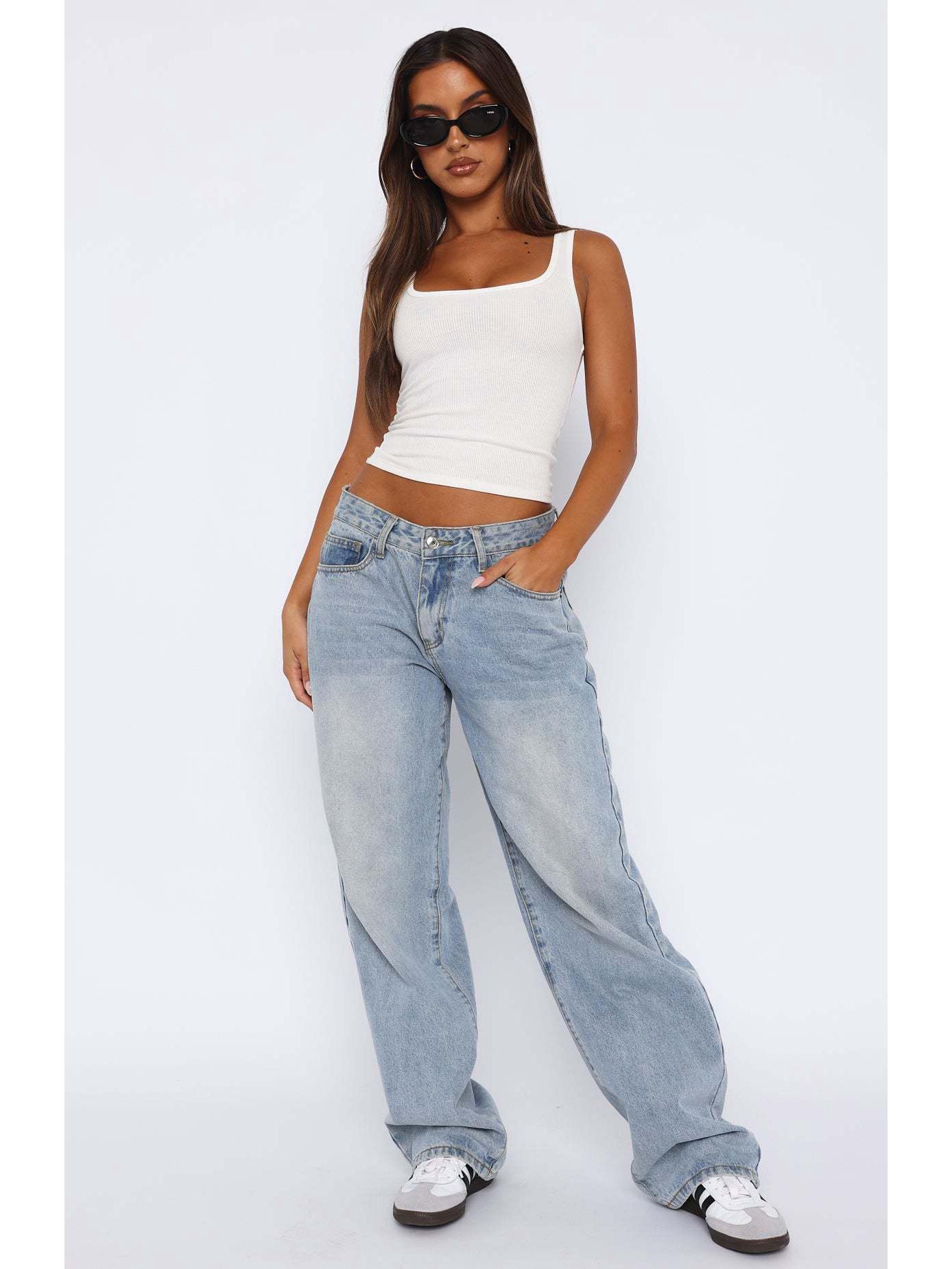 European & American Style Women s Straight Mid-Waist Non-Elastic Denim Trousers Small светло-синий