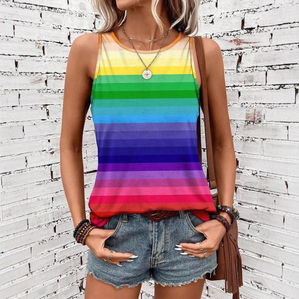 Women's 3D Striped Printed Sleeveless T-shirt, Round Neck Off Shoulder Casual Elegant Vest, Y2K Sleeveless T-shirt, Women's Clothing