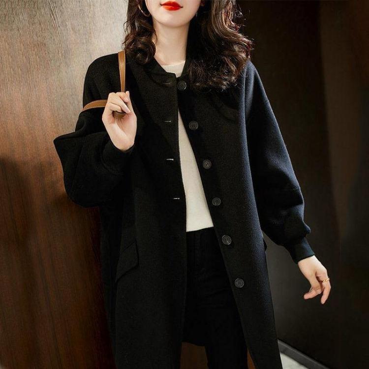Autumn New Style Women Mid-Length Slim Black Wool Coat Casual and Versatile Outerwear