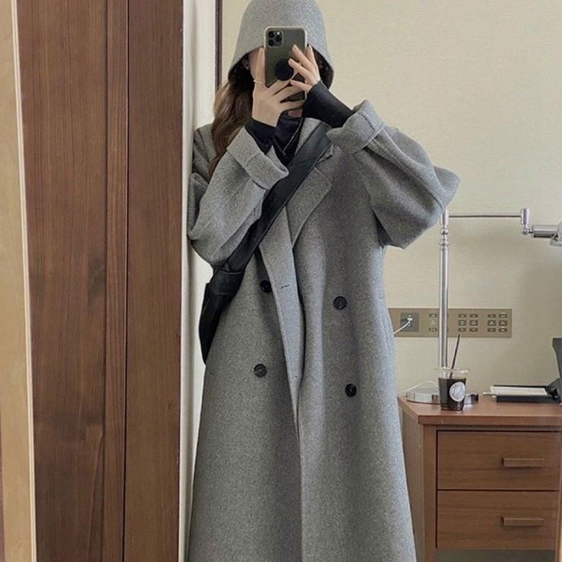 Damen Oversize Knielanger Wollmischmantel in Haferflockenfarbe Herbst Winter Leichte Schicke Oberbekleidung