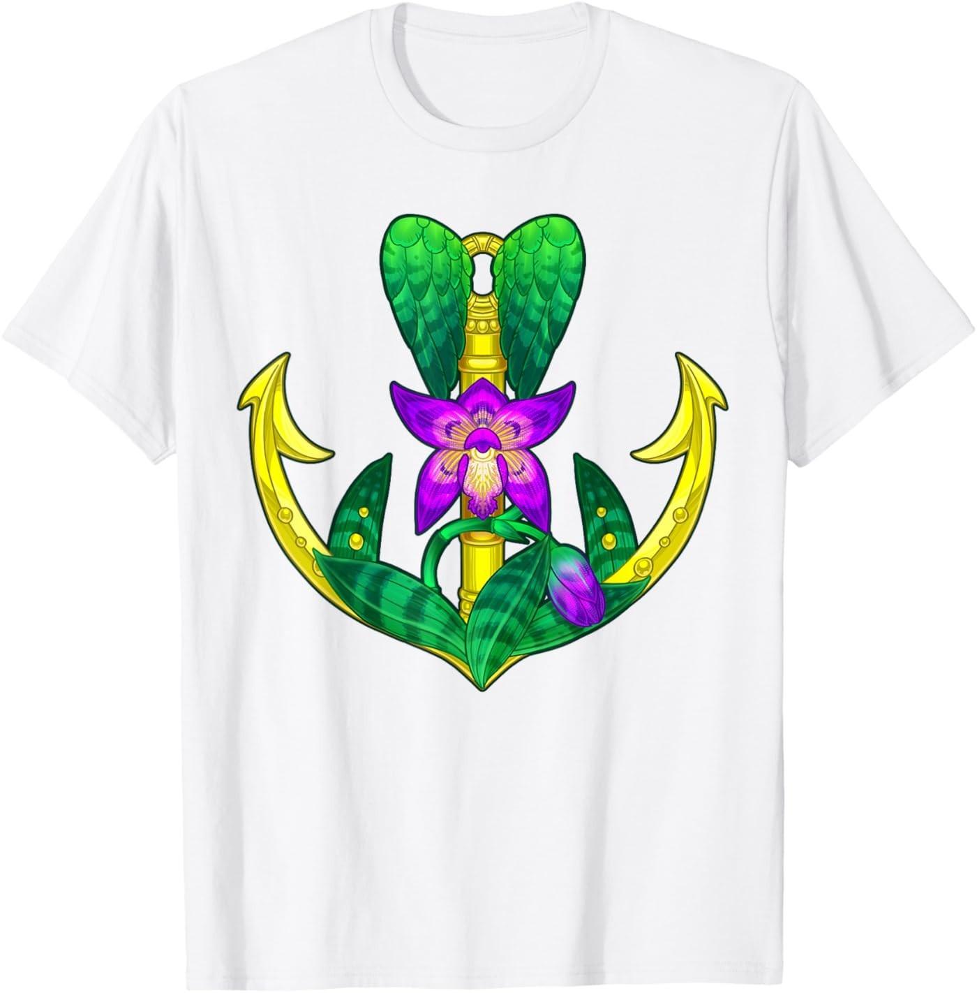 Anime Fantasy Mythology Gold Anchor Purple Orchids Wings T-Shirt XXL