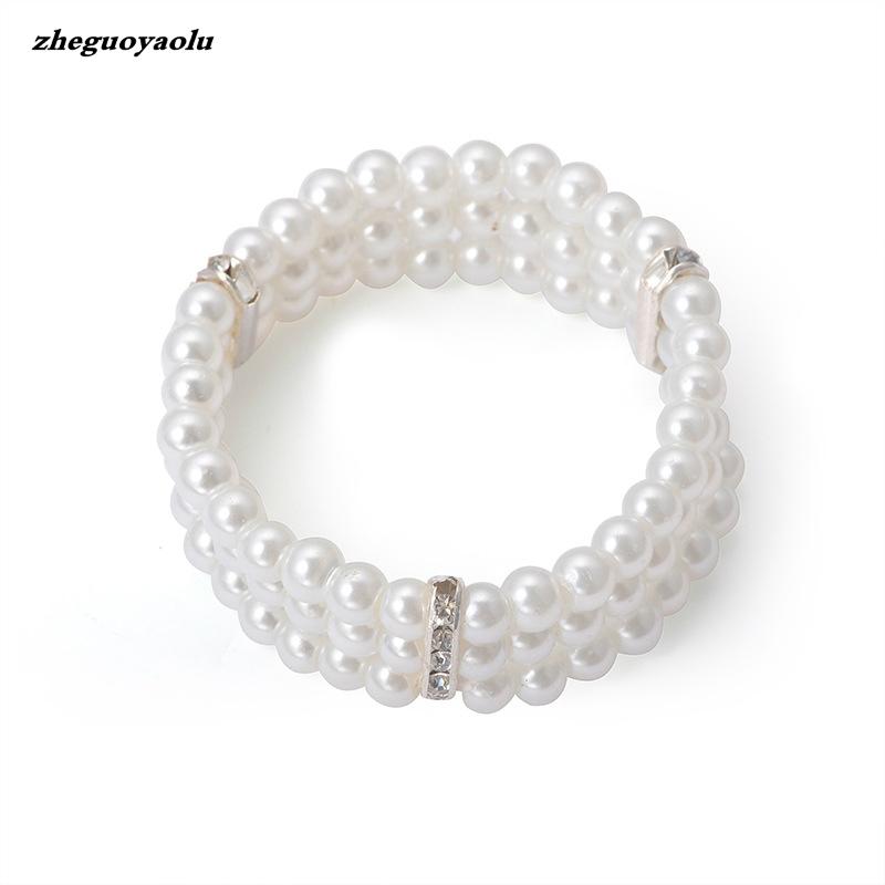 New Fashion Female Three-layer Rhinestone Imitation Pearl Bracelet Elegant Multi-layer Elastic Bracelet Bridal Jewelry