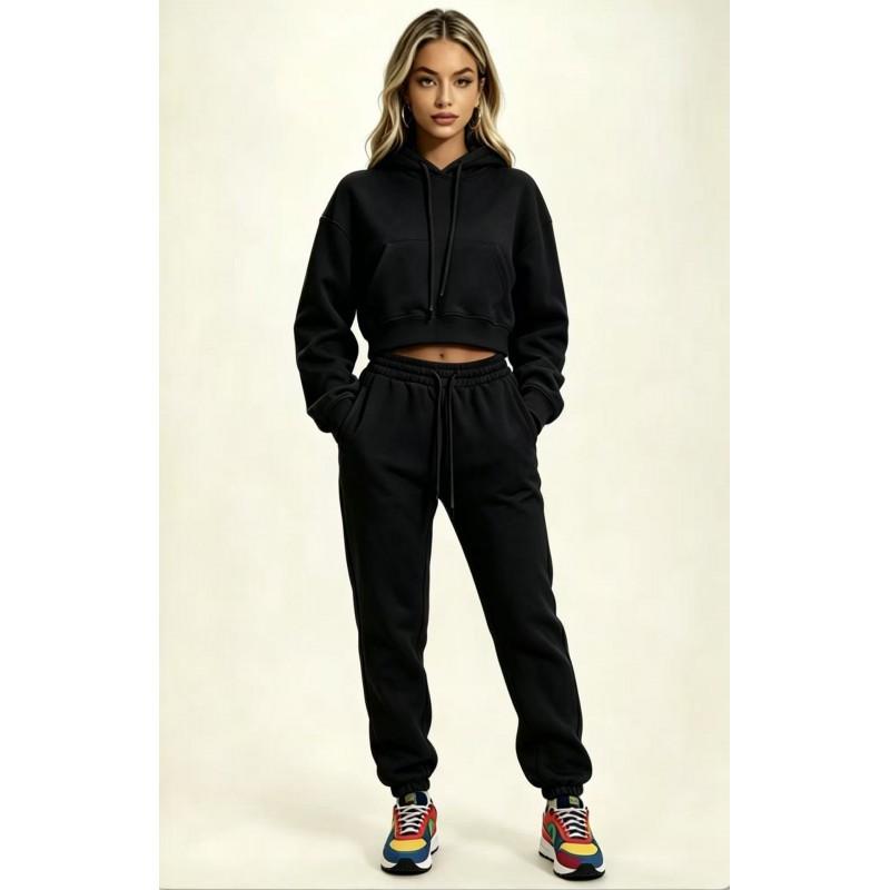 Womens European Style Hooded Sweatshirt Set Fleece Lined Casual Streetwear 2-Piece
