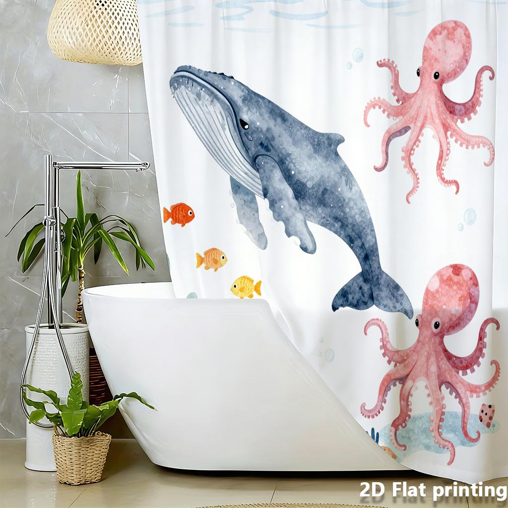 Underwater Ocean Animals Whale Octopus Fish Shower Curtain Machine Washable All Season Waterproof Privacy Protection 12 Hooks