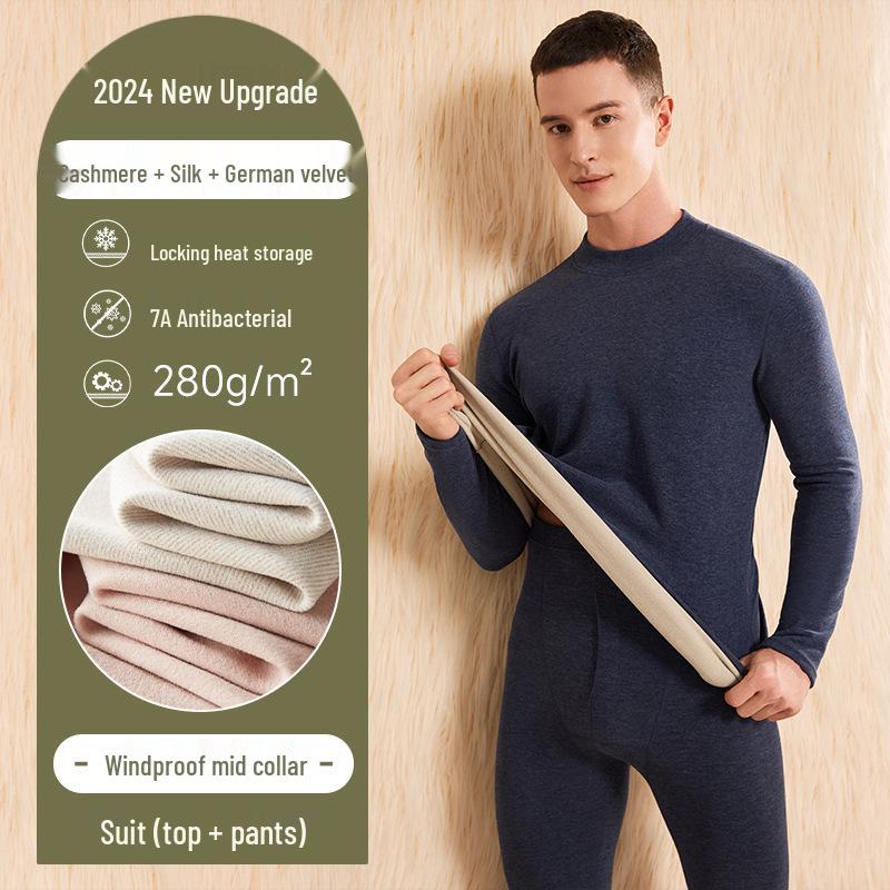 Damen- und Herren-Kaschmir-Seiden-Thermo-Unterwäsche-Set für Herbst/Winter – Warm, verdickt, halbochgeschnitten für Erwachsene