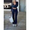 Women's V Neck Long Sleeve Crop Top High Waist Flare Pants 2 Piece Lounge Set