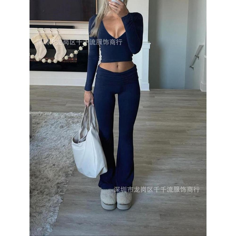 Women's V Neck Long Sleeve Crop Top High Waist Flare Pants 2 Piece Lounge Set
