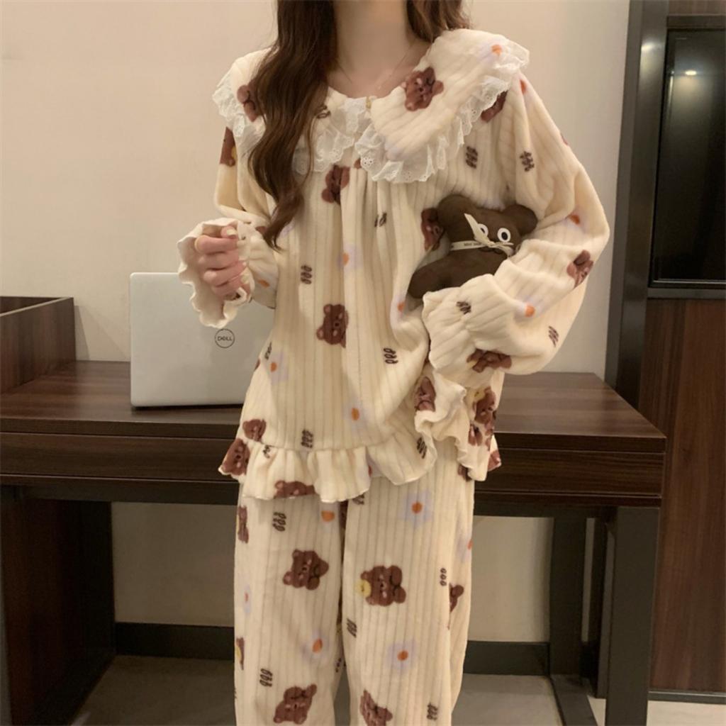 Autumn and Winter Coral Fleece Pajamas for Women, Thick and Warm Flannel Long Home Wear, Fashionable Plus Size Cardigan Set