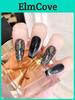 Handmade Black Cat Eye False Nails With Sparkling Rhinestones Stylish And Luxurious
