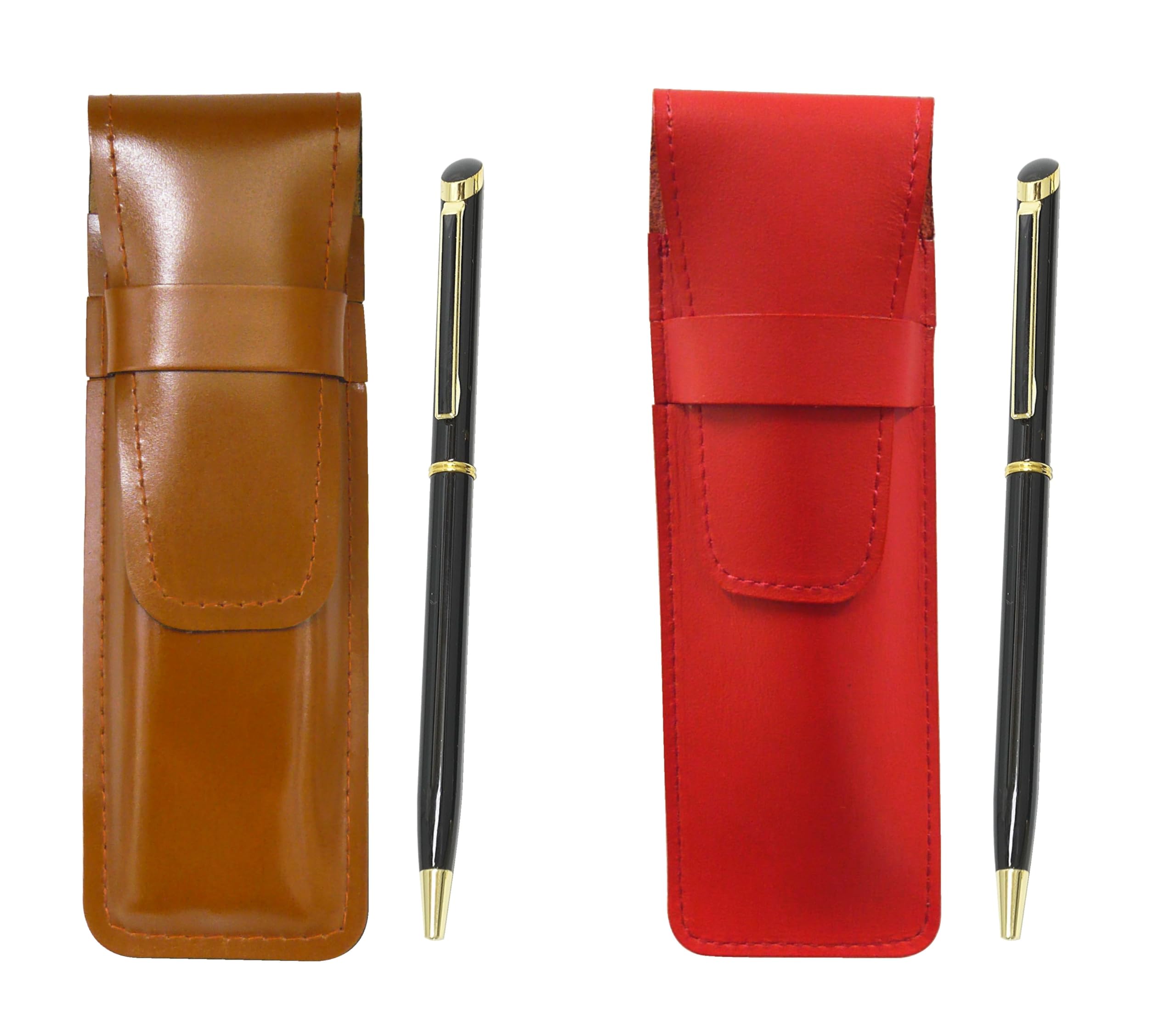 

Slim cowhide pencil case red brown set epoxy rotating ballpoint pen black ASCR-WD002-B