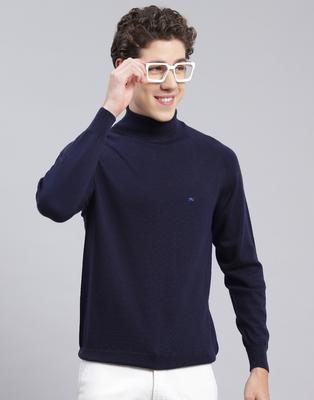 Mens Navy Solid High Neck Pullover