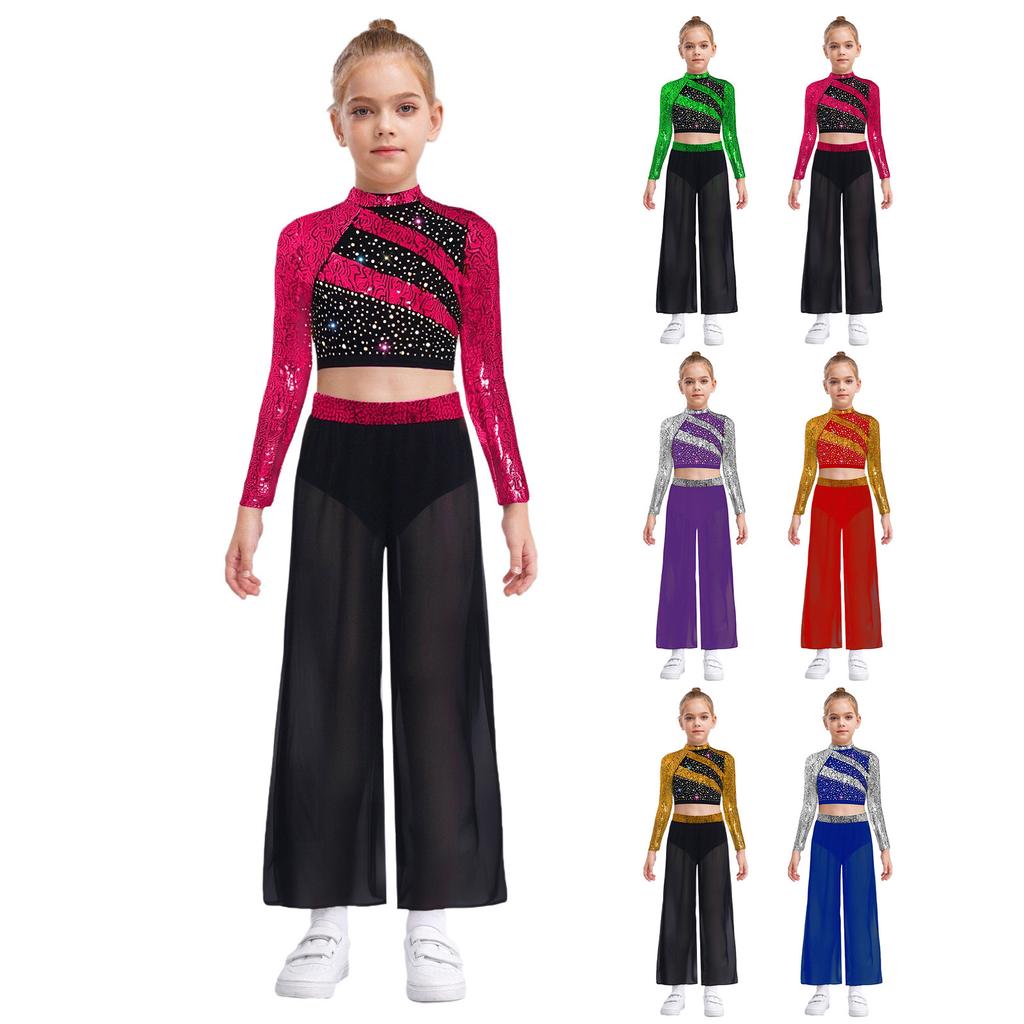 Set da Ballo da Ragazza Due Pezzi Top Corto a Maniche Lunghe con Collo Alto e Paillettes, Schiena Scoperta con Pantaloni a Gamba Larga in Chiffon Fluido