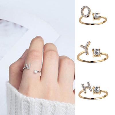 Women Adjustable Casual A-Z Letter Initial Name Alphabet Fashion Rhinestone Couple Elegant New Stackable Ring