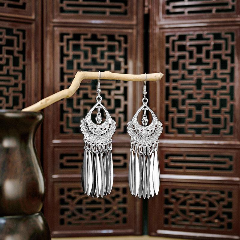 Miao Silver Tassel Dangle Earrings: Ethnic-Style Studs for Women