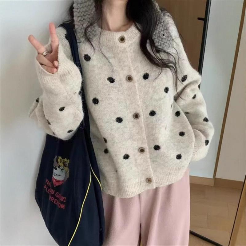 Korejský kardigan s kulatým výstřihem a puntíky, dámský podzimní zimní volný ležérní styl, všestranný svetr