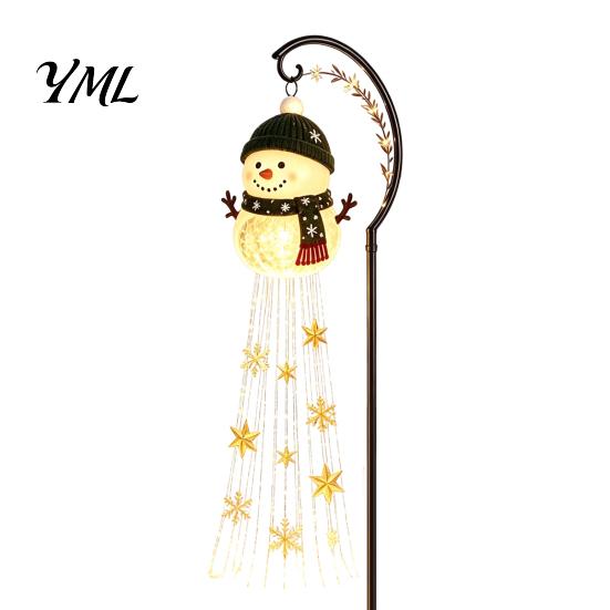 Decorative Resin Snowman Ground Stakes Solar Garden Stake Light, Flowing Waterfall LED Fairy Light with Festive Winter Courtyard Decor Star Snowflake,