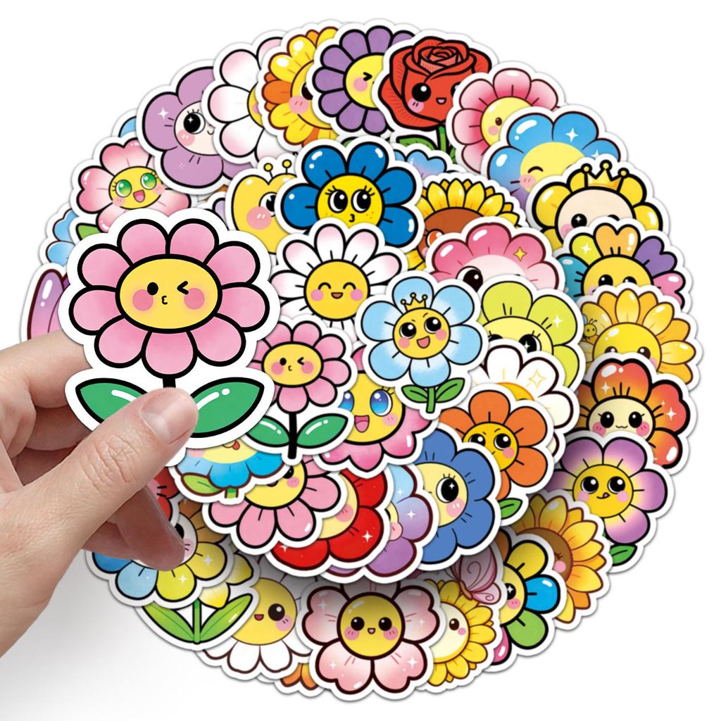 50 Cute Smiley Flower Stickers – Childlike Q Version for Journals, Water Bottles, Cars, and Helmets