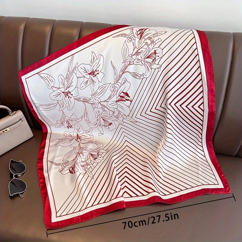68cm Lily Flower Pattern Square Scarf for Women Imitation Silk Simple Floral Fashion Decorative Square Scarves Scarf Shawl