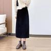 High-Waist Black Corduroy Midi Skirt: Thickened for Autumn/Winter with Slimming Slit