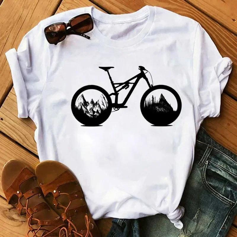 Spring Summer Ladies Floral Bicycle Pattern Fashion Cartoon Print White Letter T-shirt Woman Clothes T Shirt Tops Tee Graphic