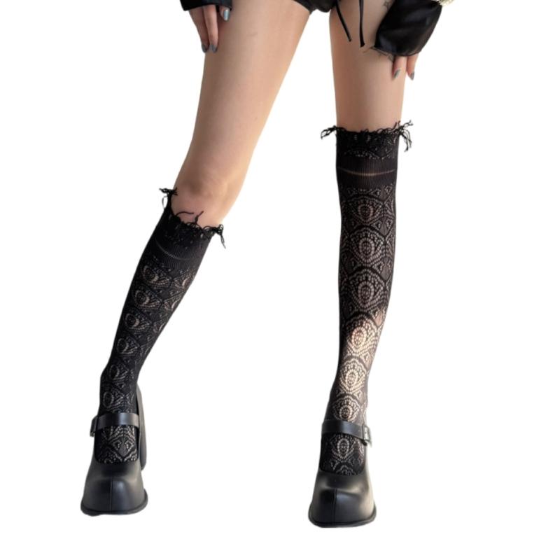 Womens Thin Breathable Over Calf Long Socks Stretchy Nylon Jacquard Hollowout Pattern Tassels Trim Knee Length Stockings