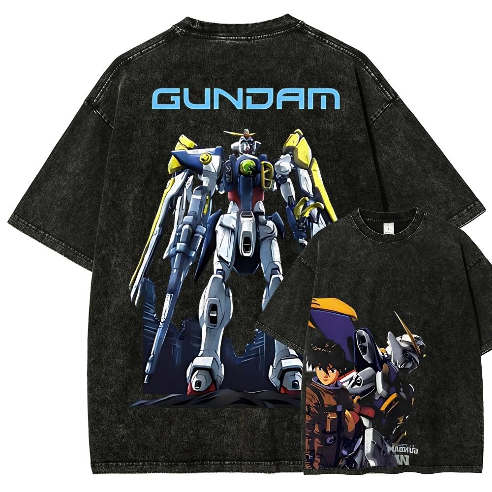 Gundam Wing T Shirt Men XXXG-01W Heero Yuy Vintage Acid Wash Mecha Streetwear Oversized Retro Japanese Anime Graphic Tees