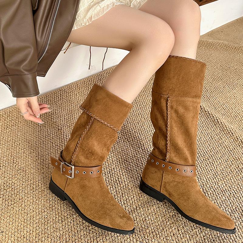 

Retro stacking boots 2025 autumn and winter new thick heel buckle western cowboy british style knight boots casual boots 35