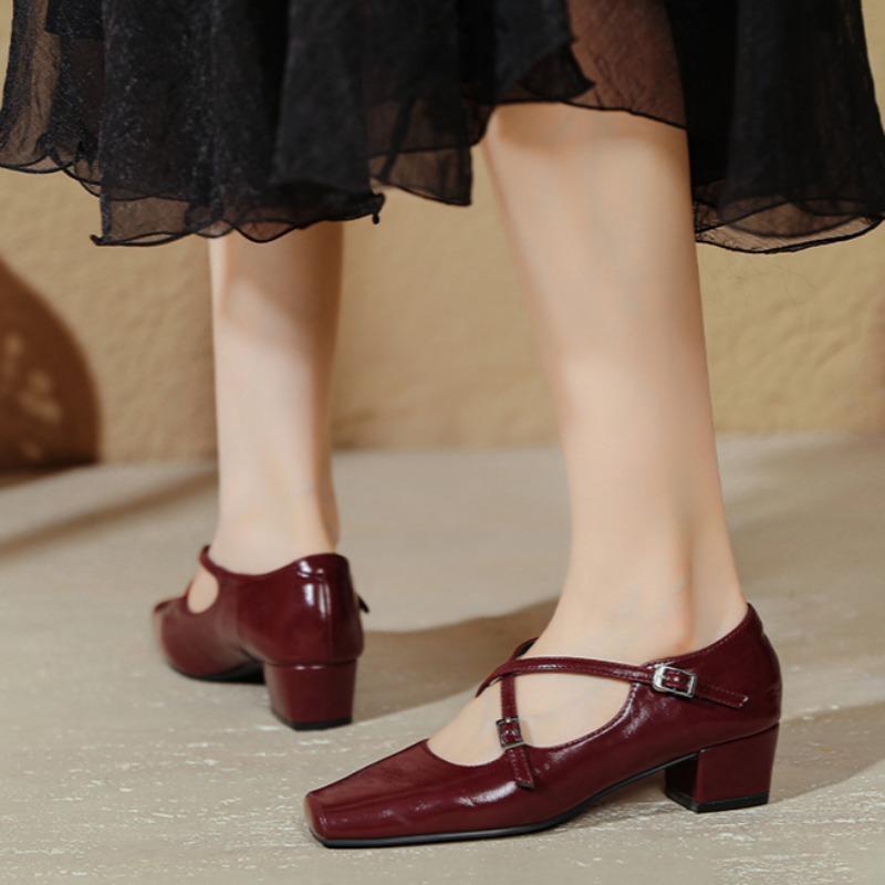 French Cross Strap Mid-heeled Shoes Small Square Toe Retro Women's Shoes Thick Heel Shallow Mouth High Heels