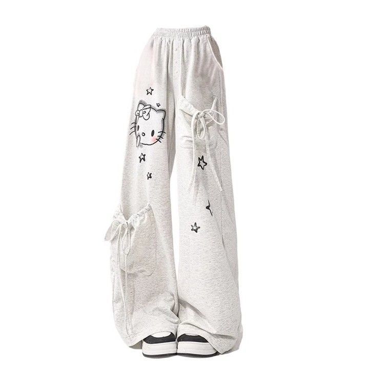 

Girls Street Graffiti Cartoon Personality Straight Pants Middle and Older Children s Summer New Solid Color Drawstring Pocket Wide Leg Pants Tide 120cm