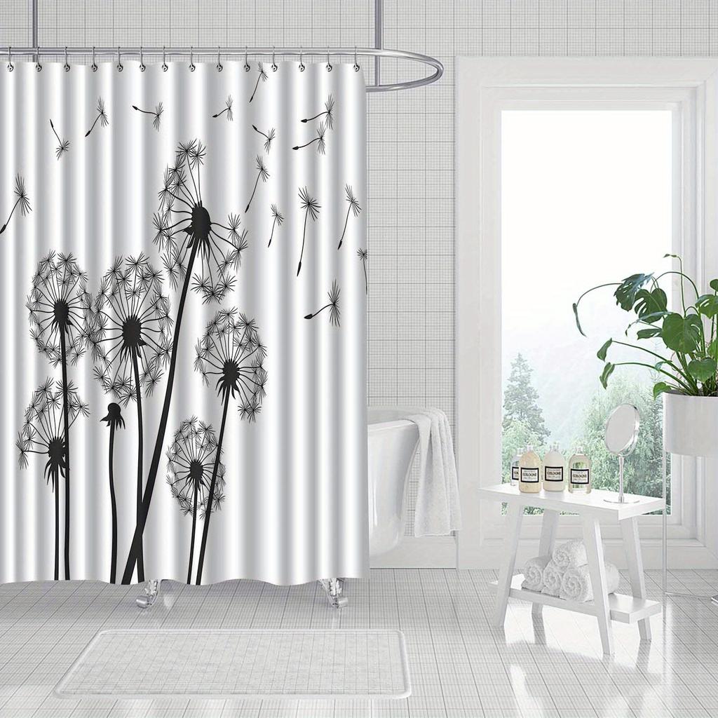 1pc dandelion pattern black and white shower curtain, polyester fabric, machine washable, suitable for bathroom decoration