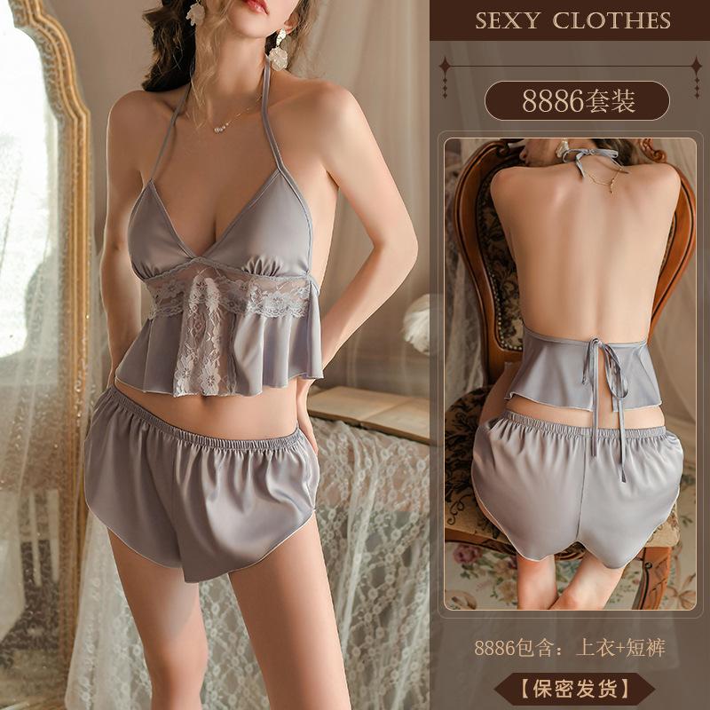 Original Erotic Lingerie, Sexy Deep V Lace Seductive Split Pajamas, Hot and Beautiful Back Uniform Set 8886