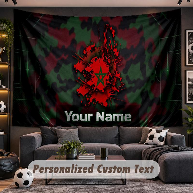 Morocco Football Personalized Tapestry Support Custom Name, Wall Art Home Decoration