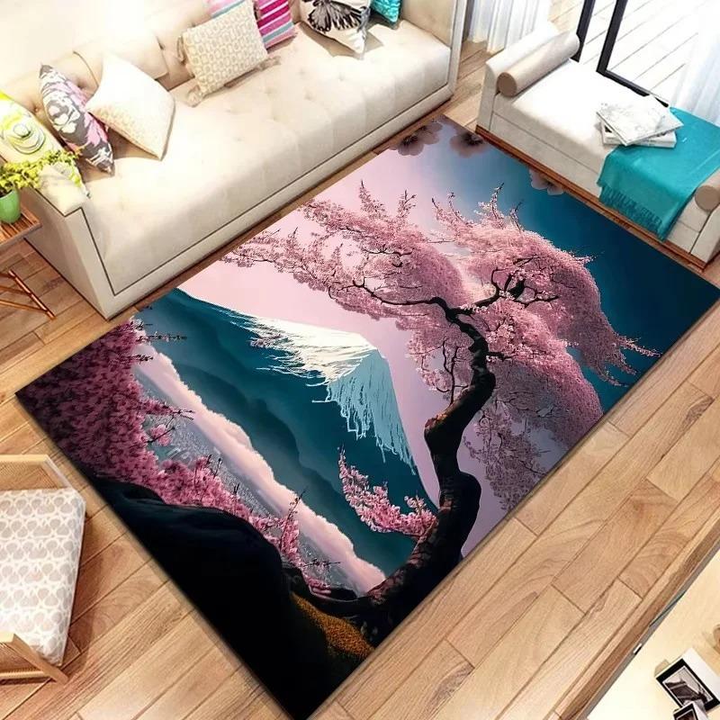 Japanese Landscape Print Rug with Cherry Blossom & Fuji Mountain for Bedroom and Sofa Entryway Decor