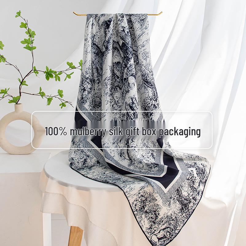 Women's 100% Mulberry Silk Retro Jungle Castle Print Scarf – Elegant High-End Light Luxury Shawl