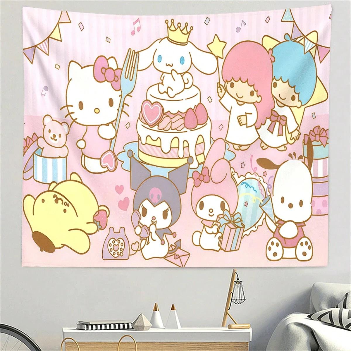 

1 шт. Семейное празднование дня рождения Sanrio Гобелен Розовая полоса Узор торта Кавайное настенное искусство Для комнаты девочки Украшение общежития 74x94cm(29x37in)