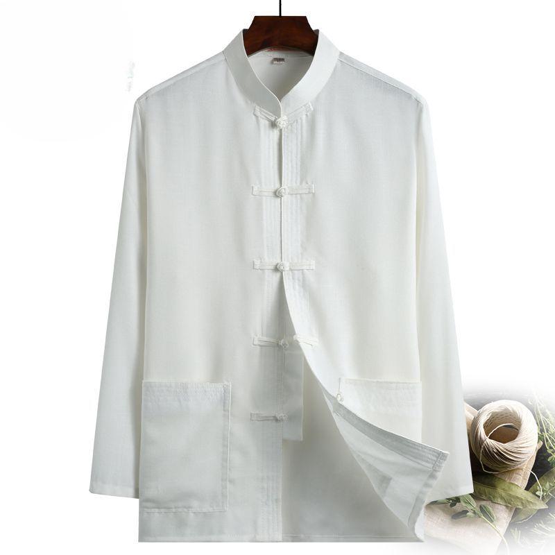 Chinese Style Spring Tang Suit Men's Long-sleeved Chinese Thin Linen Shirt Men's Dad Cotton and Linen Top